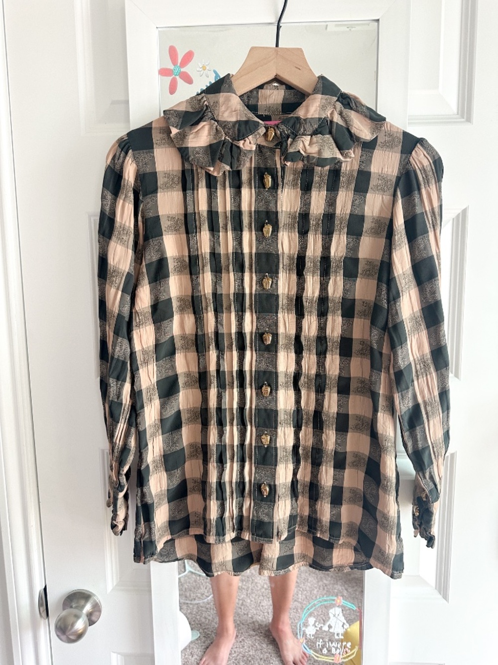 BURU XS Black Khaki Gingham Apple Jacquard Ruffle Collar Pin Tuck Blouse XS